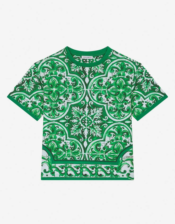 Dolce & Gabbana Jersey T-Shirt with Green Majolica Print