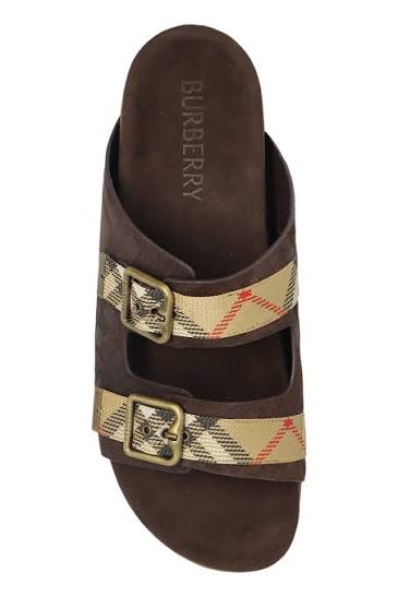 Burberry Check Double-Strap Slide Sandal in Dark Brown