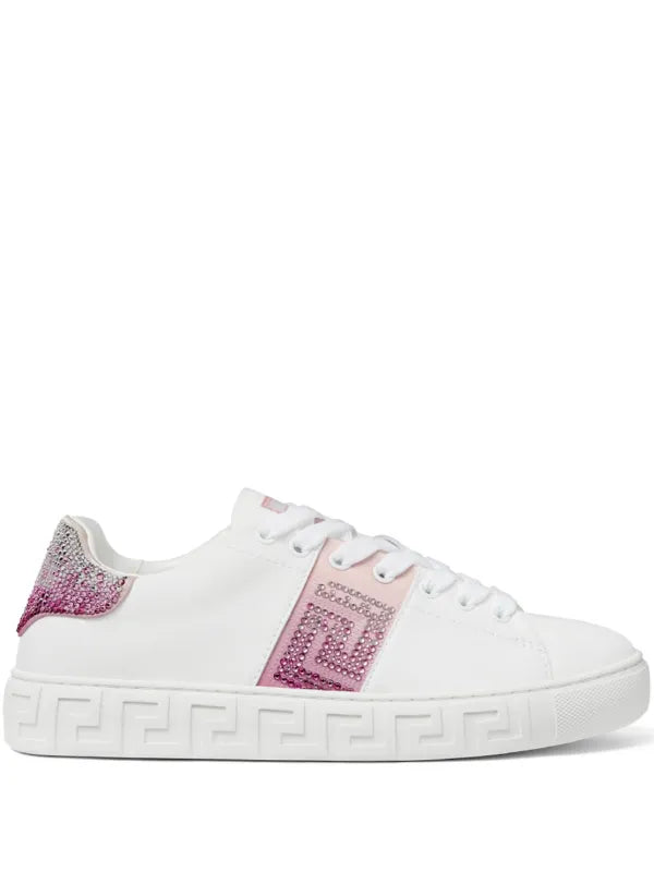 Versace Greca Crystal Embellished Sneaker in White and Pink
