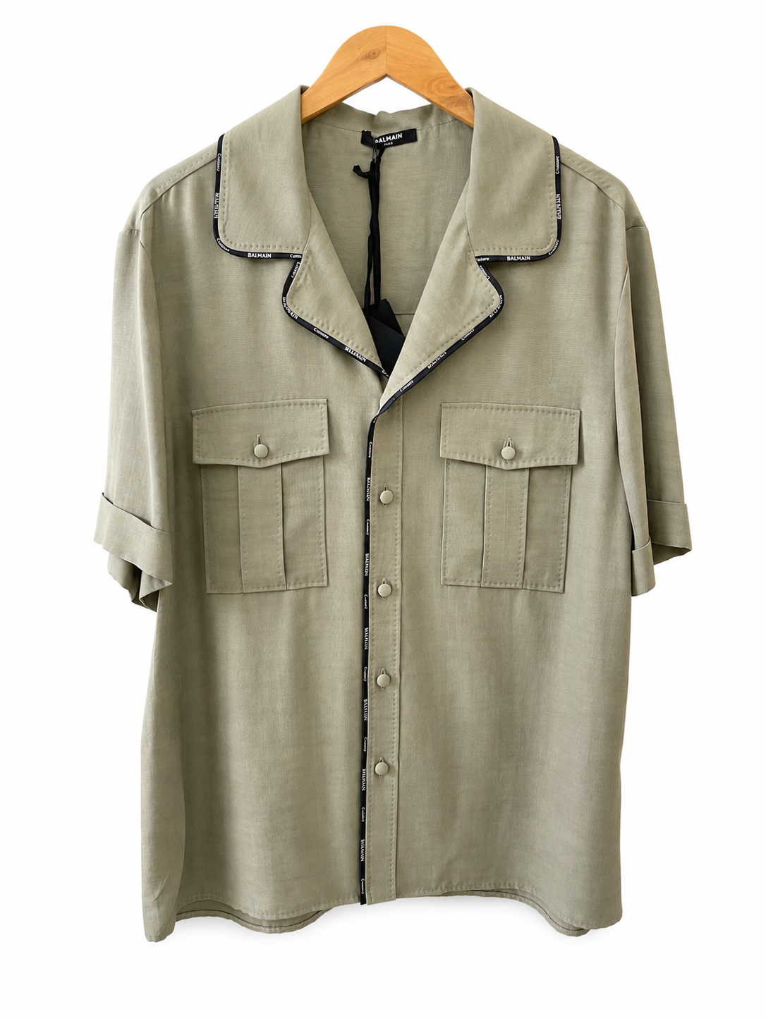 Balmain Logo-Trim Cupro Pyjama Short-Sleeve Shirt – Khaki