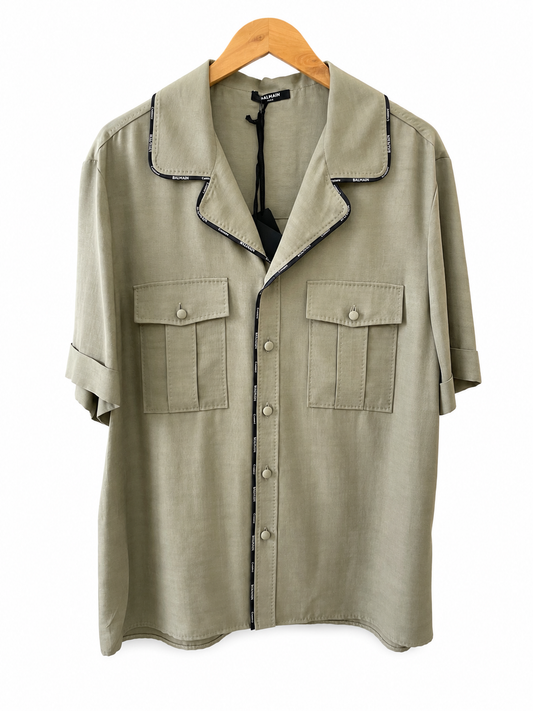 Balmain Logo-Trim Cupro Pyjama Short-Sleeve Shirt – Khaki