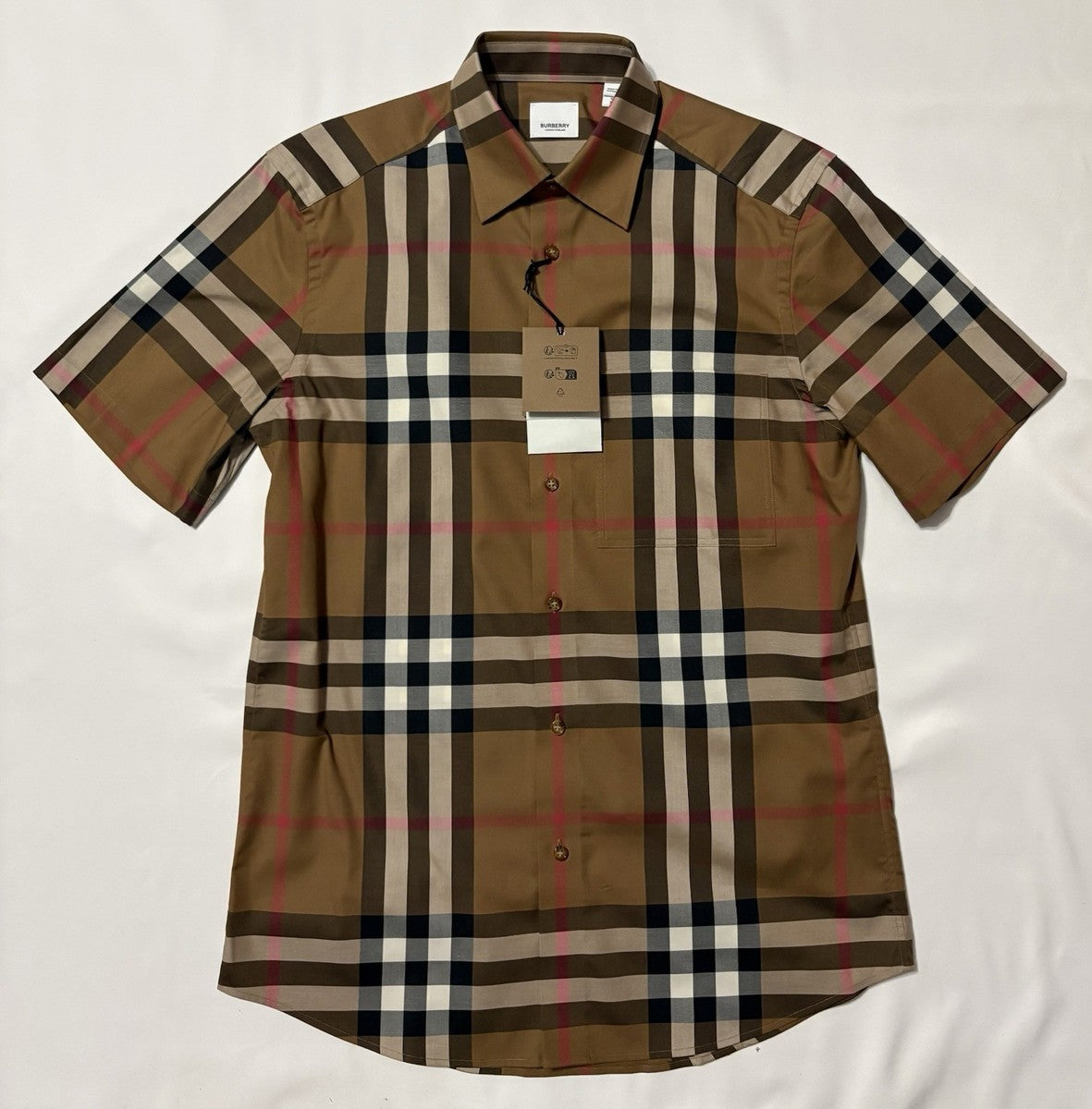 Burberry Check Cotton Short-Sleeve Shirt — Dark Birch Brown