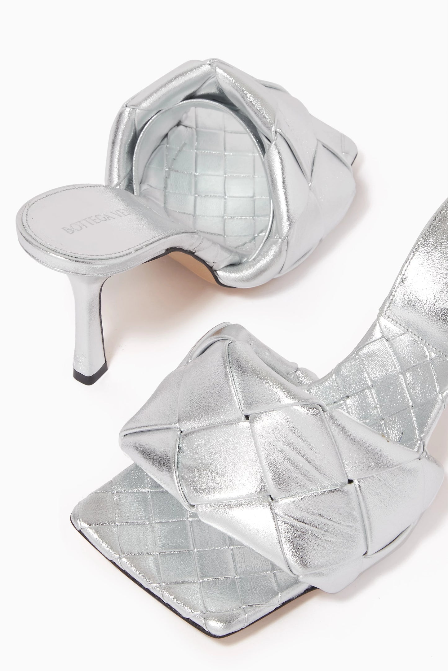 Bottega Veneta Lido Intrecciato Metallic Leather Mules — Silver