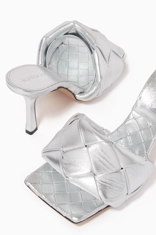 Bottega Veneta Lido Intrecciato Metallic Leather Mules — Silver