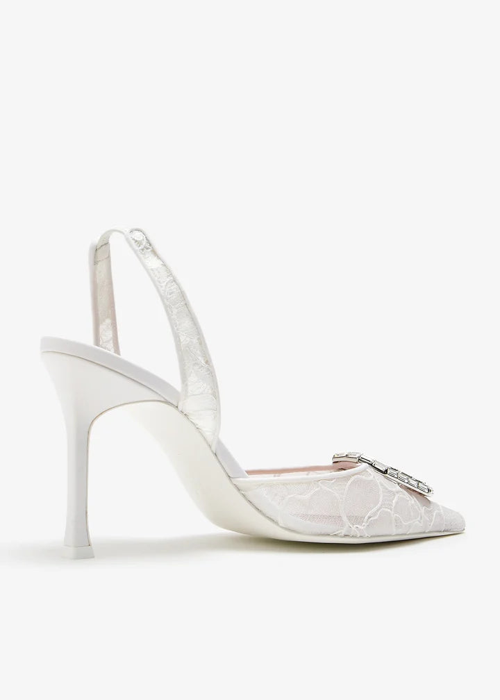 Amina Muaddi Camelia 90 Embellished Lace Slingback Pumps