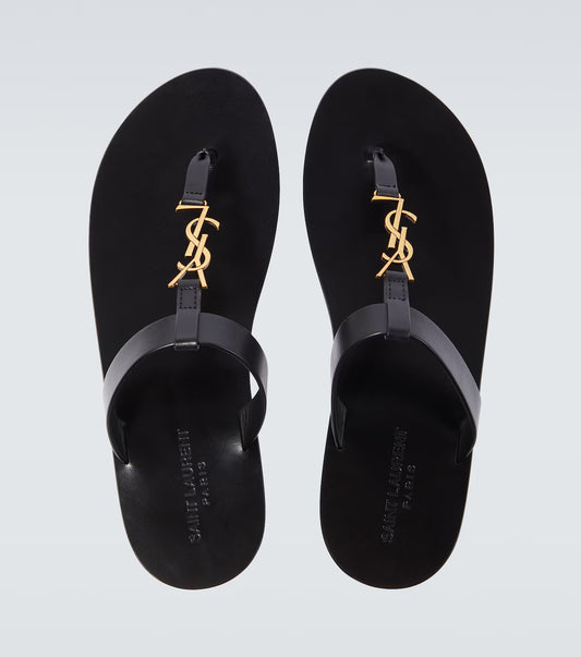 Saint Laurent Cassandre Leather Thong Sandals Black