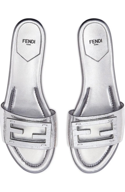 Fendi Metallic Slide Sandal Silver