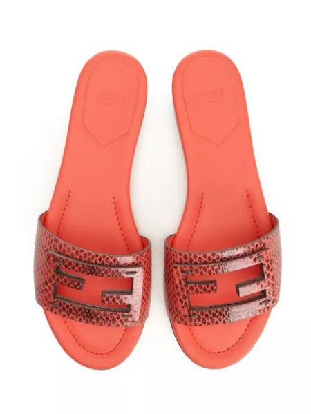 Fendi Baguette Snake-Embossed Leather Flat Slides — Coral Red