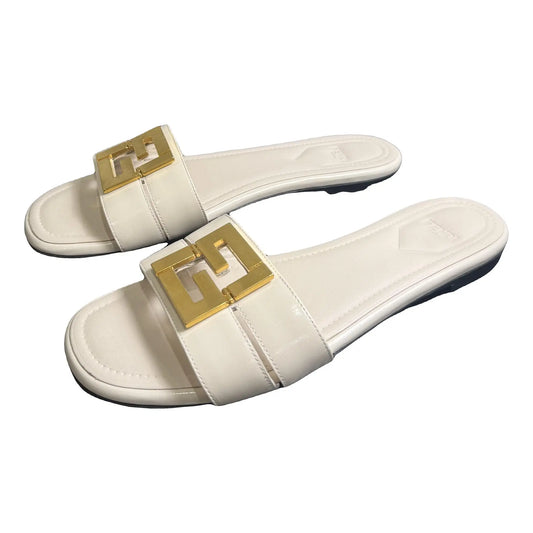 Fendi Baguette Leather Flat Slides — White