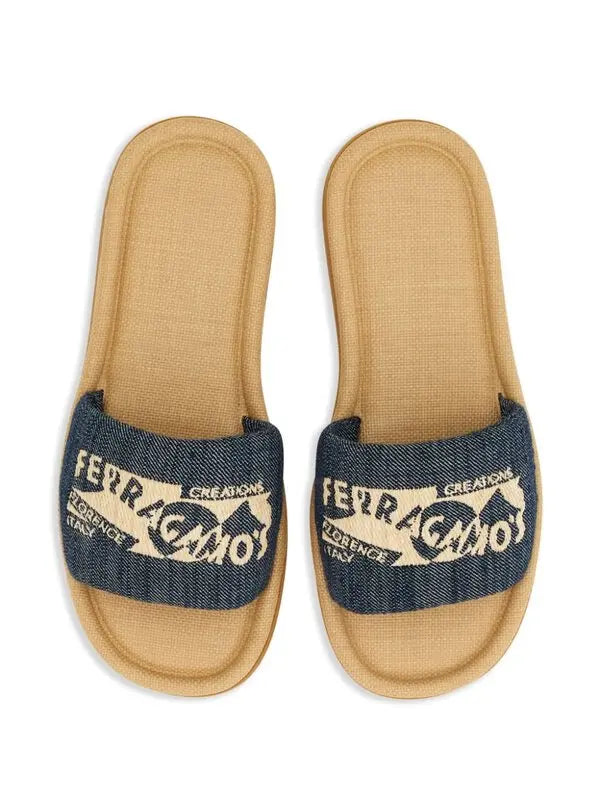 Salvatore Ferragamo Logo-Embroidered Denim Slides