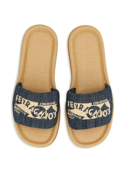 Salvatore Ferragamo Logo-Embroidered Denim Slides