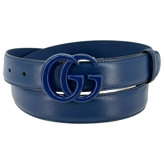 Gucci GG Buckle Leather Belt Navy Blue