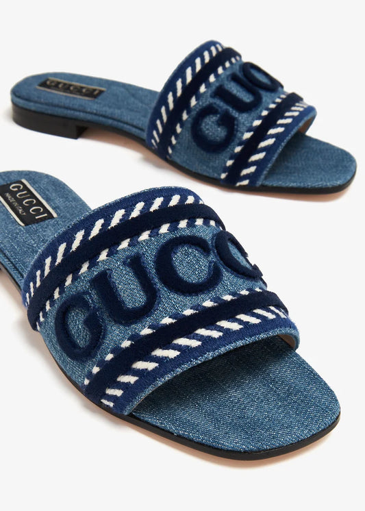 Gucci Jane Logo Denim Slide Sandals