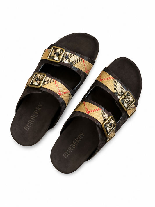 Burberry Check Double-Strap Slide Sandal in Dark Brown