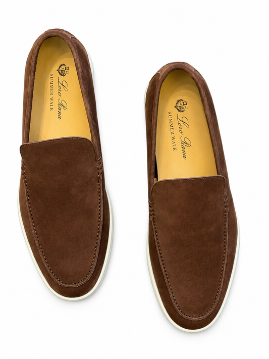 Loro Piana Summer Walk Loafer in tobacco brown nubuck suede, top view