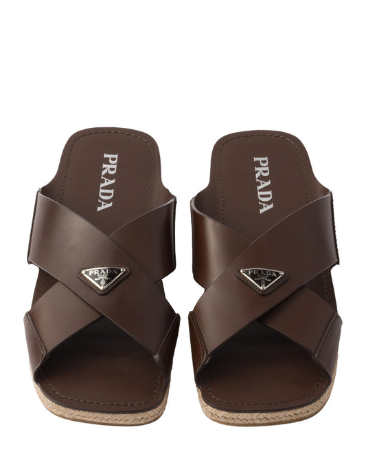 Prada Crisscross Leather Espadrille Slides