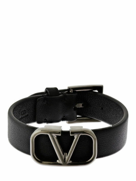 Valentino Garavani V Logo Leather Bracelet Black