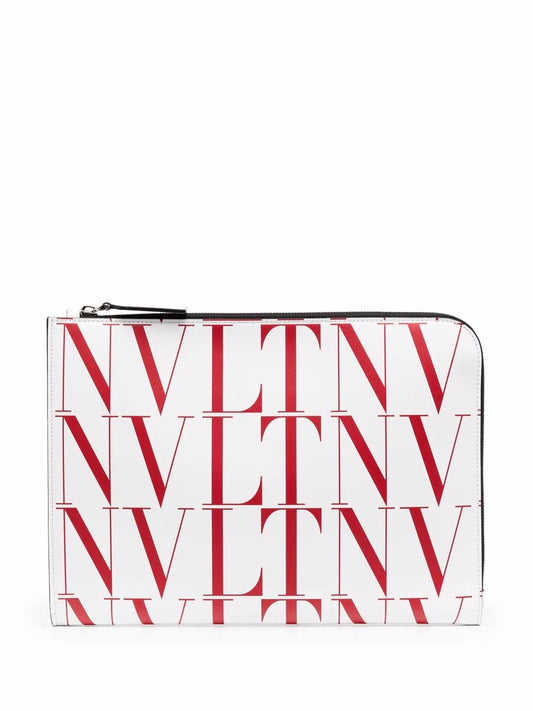 Valentino Garavani VLTN Logo-Print Leather Clutch White