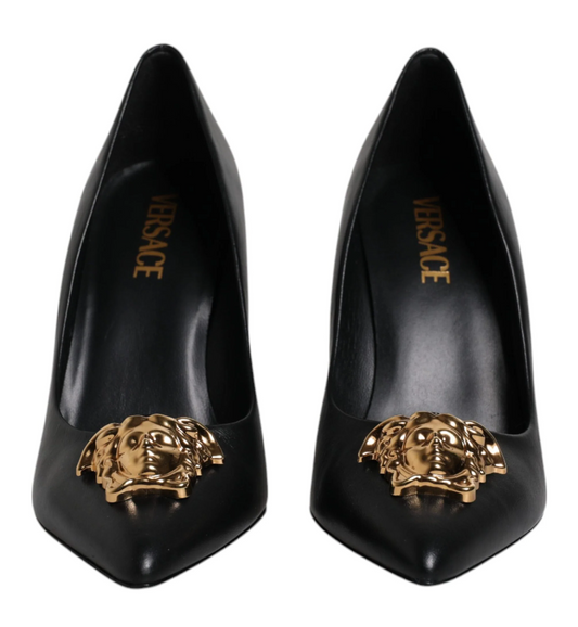 Versace Black Leather Logo Plaque Pumps
