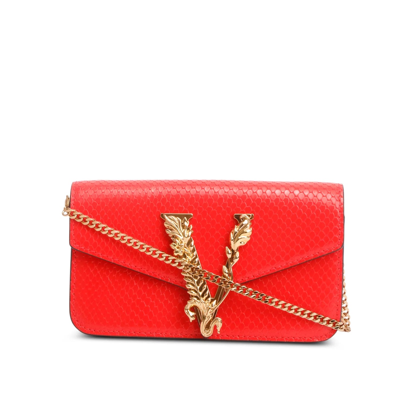 Versace Red Embossed Calf Leather Mini Chain Crossbody Bag