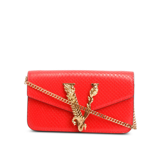 Versace Red Embossed Calf Leather Mini Chain Crossbody Bag