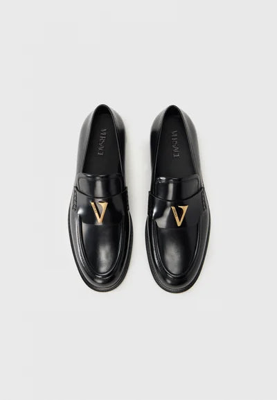 Versace V-Logo Brushed Leather Loafers Black