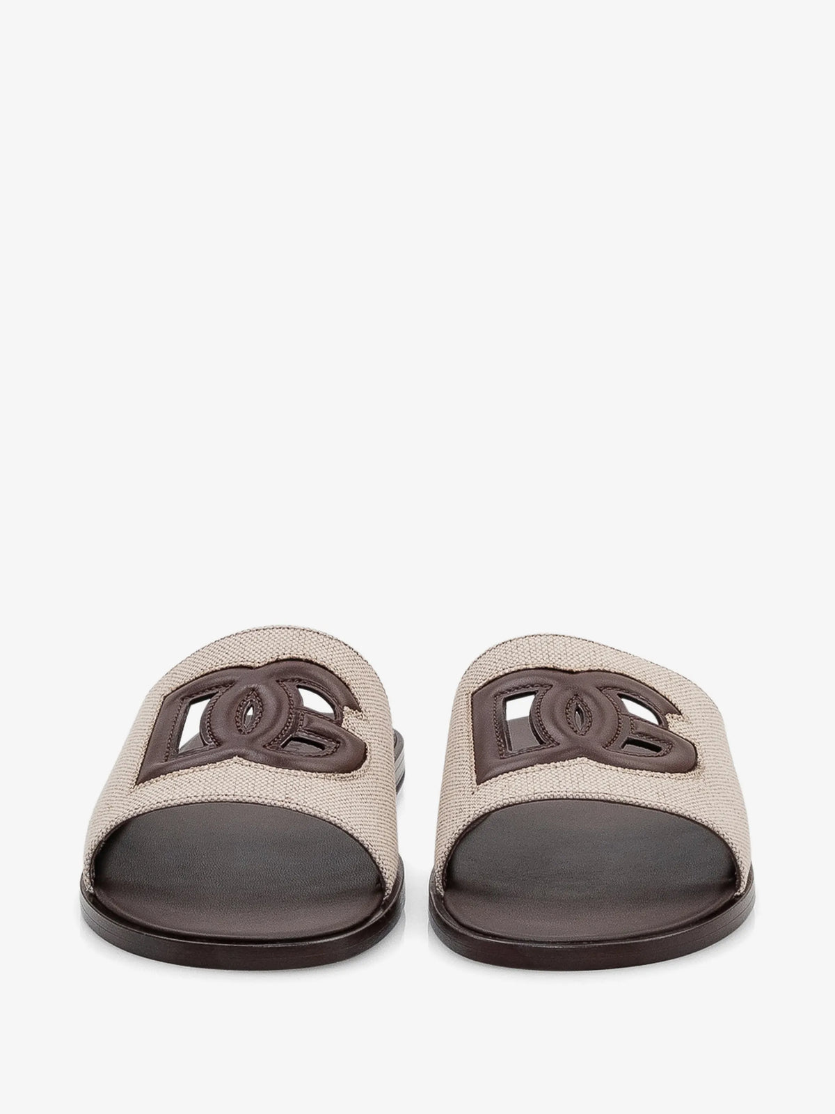 Dolce & Gabbana DG Logo Slide Sandal in Beige Linen with Dark Brown Leather Cut-Out Logo