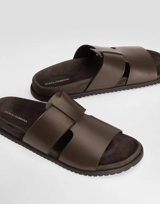 Dolce & Gabbana Brown Leather Slide Sandals