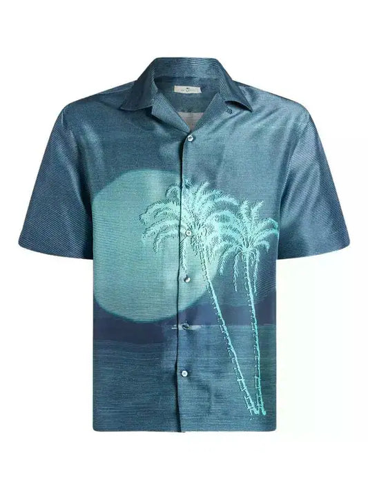 Etro Palm Tree Print Camp Shirt in Teal and Navy with Embroidered Palm Motif