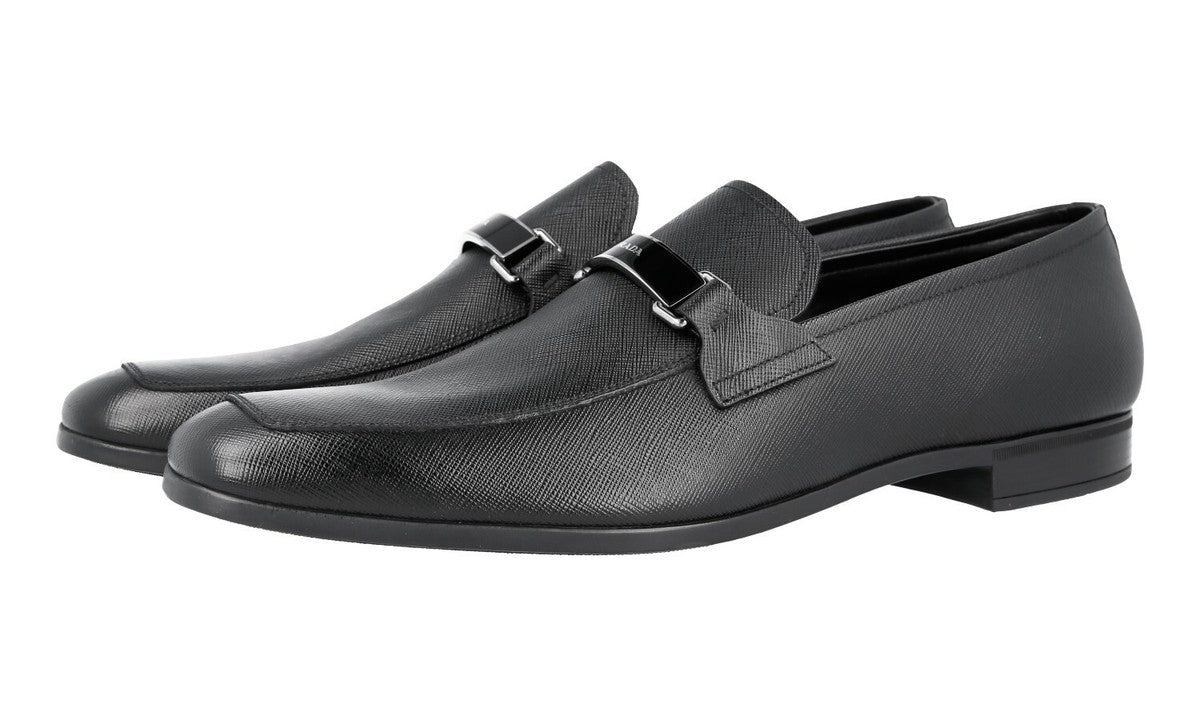 Prada Saffiano Leather Loafer in Black with Silver and Enamel Logo Bar Detail