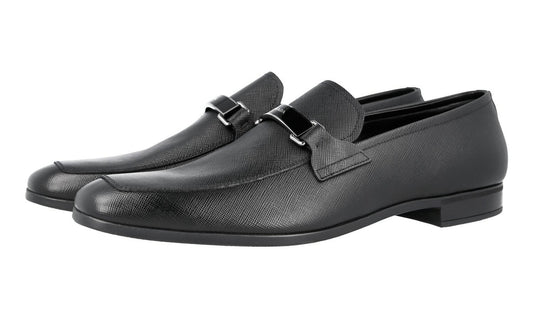 Prada Saffiano Leather Loafer in Black with Silver and Enamel Logo Bar Detail