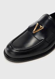 Versace V-Logo Brushed Leather Loafers Black