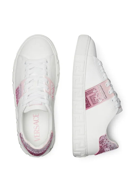Versace Greca Crystal Embellished Sneaker in White Leather with Pink Crystal Stripe and Heel Tab